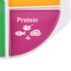 A plate section labeled Protein with illustrations of fish, chicken drumstick, steak, and nuts. The section is pink, with a white dividing line separating it from other colored sections.