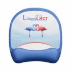 A blue ergonomic wrist rest mouse pad featuring an illustration of a blue and pink flamingo facing each other. The text Lisipro HCT and chemical name are printed above the flamingos.