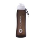 Translucent sports water bottle with a white cap, flip spout, and carabiner clip.