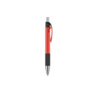 A red and black retractable ballpoint pen with a plastic clip, displayed vertically against a white background.