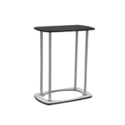A sleek, modern side table with a black, rectangular top and silver metal legs. The base is oval-shaped, giving it a contemporary look. Suitable for minimalistic interiors.