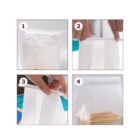 Four-step guide on sealing a paper bag. Image 1: Open bag with contents inside. Image 2: Fold sides inward. Image 3: Fold top down multiple times. Image 4: Bag sealed tightly, showing secure closure.