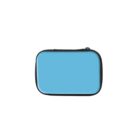 A small rectangular zippered case with a light blue front and black edges, lying on a white background.