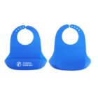 Two blue silicone bibs are displayed. One bib shows a pocket with the text FORODA COMPANY and a logo. The other bib is laid flat. Both have adjustable neck fasteners with multiple holes.