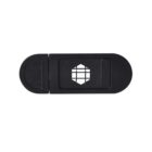 Black rectangular webcam cover with a sliding mechanism and a circular logo on the cover.