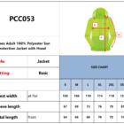 Size chart for PCC053 unisex sun protection jacket, detailing measurements for chest width, sleeve length, and total length in sizes S to 4XL. The image shows a light green hooded jacket with directional lines illustrating measurement points.