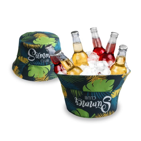 Bucket with ice and bottles, tropical print, next to a matching hat.