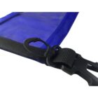 A close-up of a blue fabric with a black strap and a plastic buckle. The strap has a hook attached to it, suggesting its part of a bag or accessory for securing items. The fabric has a textured appearance.