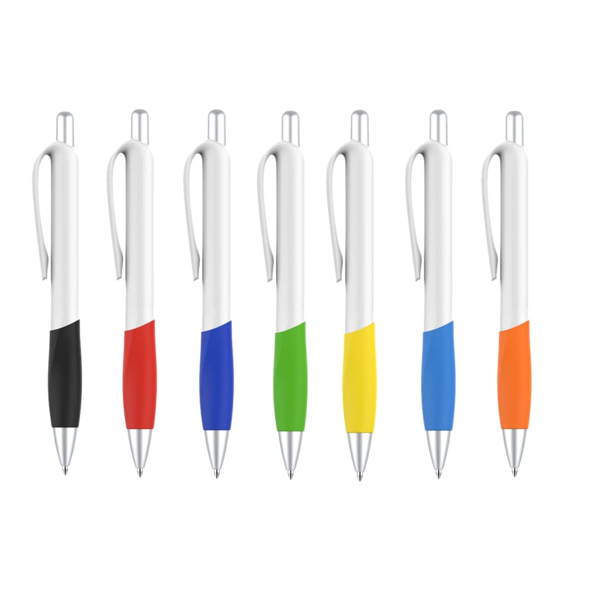 Seven ballpoint pens with white bodies are aligned vertically. Each pen has a different colored grip section: black, red, blue, green, yellow, blue, and orange. They all feature silver clips and tips.