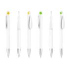 Six white pens with silver tips and curved clips are displayed in a row. Each pen has a small colored circle, with two yellow, two green, and two without visible circles due to angle. The design is sleek and modern.