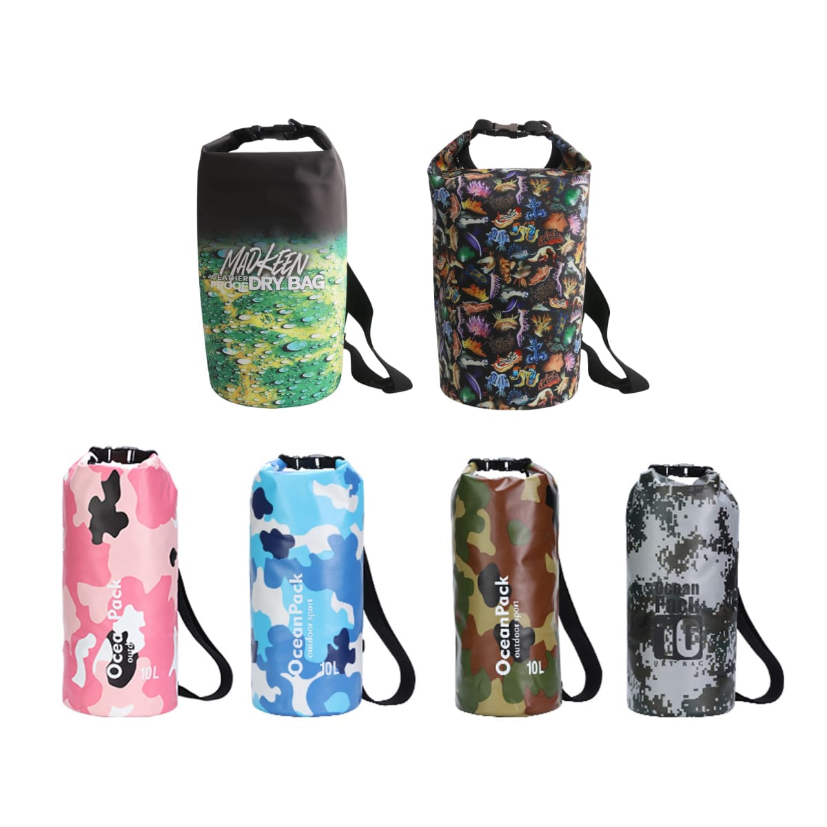 Six colorful dry bags with different patterns and colors, including green floral, purple floral, pink camo, blue camo, green camo, and black camo. Each bag has a handle and buckle closure.