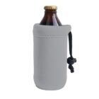 A glass bottle with a gold cap is partially covered by a light gray neoprene sleeve. The sleeve includes a black drawstring with a plastic toggle for tightening. The bottle is centered against a white background.