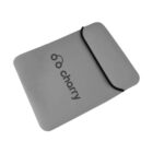 A gray, rectangular protective sleeve with a black trim, featuring a logo of headphones above the word charry.