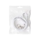 A packaged white lanyard with a metal clip, coiled inside a transparent plastic bag with a hanging hole at the top.
