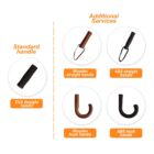 Diagram of umbrella handle options. On the left: Standard handle features an EVA straight handle. On the right: Additional Services includes a wooden straight handle, ABS straight handle, wooden hook handle, and ABS hook handle.