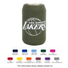 Green can cooler with Los Angeles Lakers and a basketball graphic. Below, various color swatches are labeled: red, navy blue, yellow, orange, maroon, purple, royal blue, light blue, green, pink, grey.