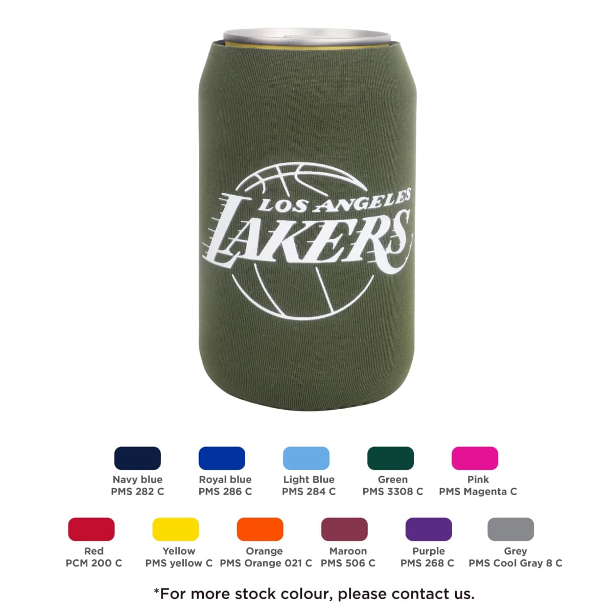 Green can cooler with Los Angeles Lakers and a basketball graphic. Below, various color swatches are labeled: red, navy blue, yellow, orange, maroon, purple, royal blue, light blue, green, pink, grey.