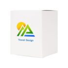White box featuring a colorful logo with stylized green mountains and a yellow sun. Below the logo, the text reads Travel Design.