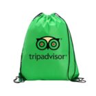 A green drawstring backpack featuring the TripAdvisor logo, which consists of an owl-like design with red and green circles for eyes, and the word tripadvisor below it in lowercase black letters.