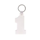 A keychain featuring a large, white numeral 1 with a metallic ring attached at the top for holding keys. The number is solid and stands out against a plain white background.