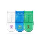 Three plastic pill cutters in white, blue, and green, lined up side by side. Each cutter has a logo: a tree for lifeTree, a lab flask for Labtalk, and a location pin for ideaPoint.