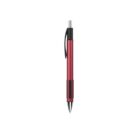 A red retractable ballpoint pen with a metallic finish is centered on a plain white background. It features a black clip and grip, with a silver clicker at the top.