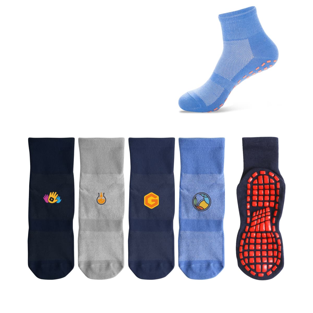 Ankle-length blue non-slip sock with red grips on the sole, displayed above five pairs of crew socks in dark blue, gray, and light blue. Each pair has a unique emblem on the ankle: hand, bulb, letter G, basketball, and a grid pattern.