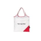 White tote bag with red edges and handles, featuring Your Logo Here text. The bottom corner is red with a small, attached black pouch. The bag is isolated on a white background.