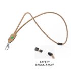 A brown lanyard with a metal clip and a safety breakaway feature. The lanyard is displayed against a white background, with a close-up inset showing the detachable part labeled Safety Break Away.