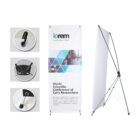 Banner stand featuring a mock design with geometric shapes, lorem ipsum text, and World Scientific Conference of Cats Researchers tagline. Close-ups of the stands connectors and legs are shown on the left. Side view of the stand on the right.