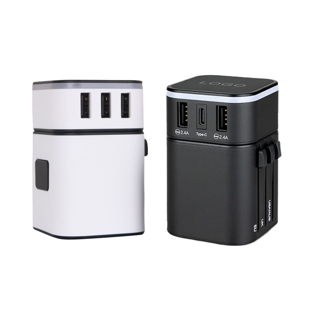 Two compact travel adapters are shown. The left adapter is white with three USB ports on top and universal plug options on the side. The right adapter is black, also with multiple USB ports and universal plug options visible.