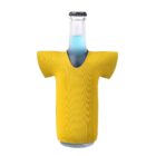 A glass bottle with a blue liquid inside is covered by a yellow sleeve shaped like a T-shirt, leaving the bottle cap exposed. The sleeve has a V-neck design and short sleeves.