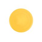 A bright yellow flying disc with a simple concentric circle design. It is shown against a plain white background.