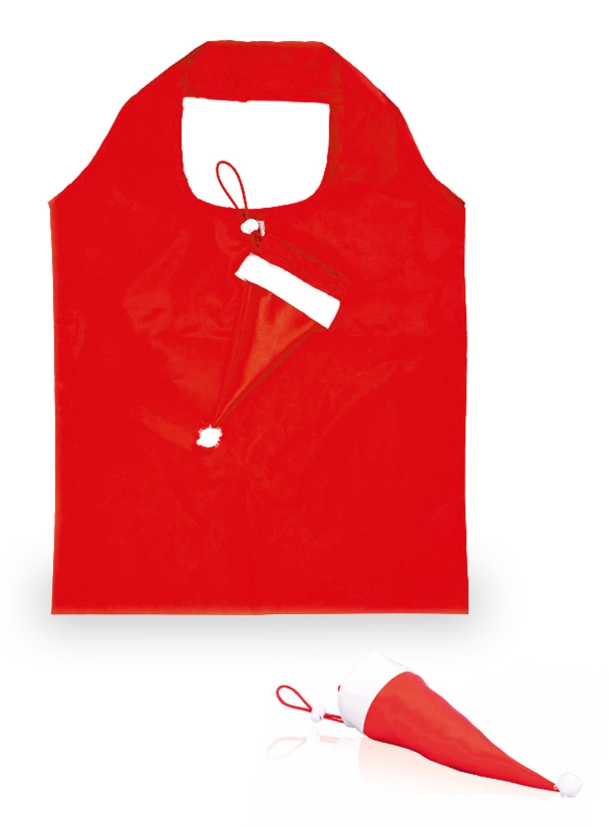 A red reusable shopping bag designed to look like a Santa hat. It features a white trim and a pom-pom at the tip. The bag can be folded and secured with an attached red loop for easy storage.