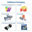 Illustration showing six types of additional packaging: full color custom header card, envelope, custom gift box, tin packaging, full color custom paper girdle, and counter display, each with corresponding images.