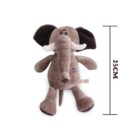 A brown elephant plush toy with white tusks and dark ears, sitting upright. A vertical line beside it indicates a height of 25 cm. The toy has a colorful logo on its side and is soft in appearance.