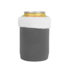 A can of Crystal Spring Peach Tea is wrapped in a gray sleeve with a fuzzy white top edge. The sleeve appears to insulate the can, keeping the beverage cool.