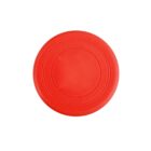 A bright red, round frisbee with raised concentric circles on its surface, viewed from above against a white background.