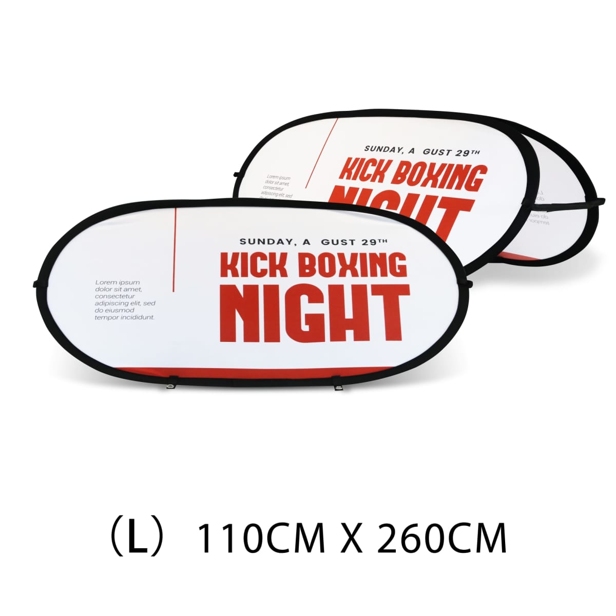 Two foldable rectangular banners with rounded edges display bold red text: Kick Boxing Night and placeholder text. Below, dimensions are listed: (L) 110CM X 260CM.