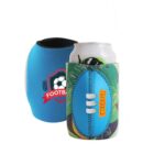 Two can coolers are shown. One is blue with a soccer emblem and the word FOOTBALL on it. The other has a green tropical design with a blue, football-laced print and the text BIG STAR. One cooler holds a white can.