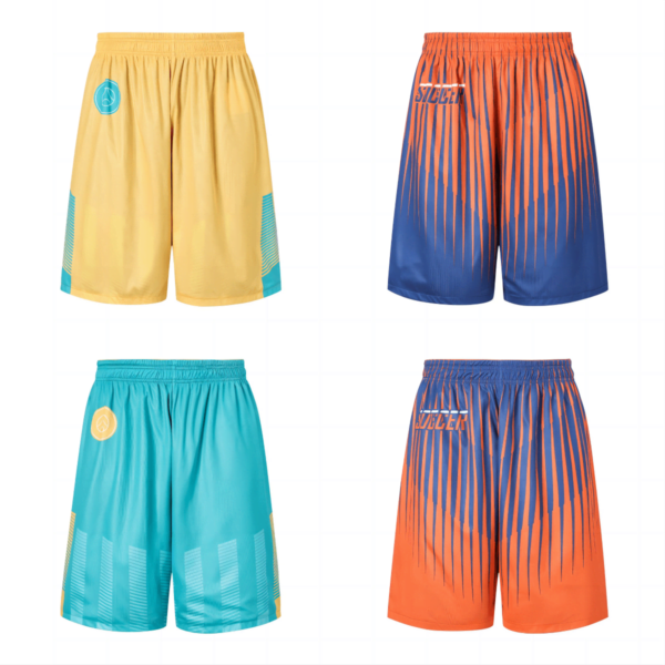 Four pairs of shorts are displayed: top left yellow with a circular emblem, top right blue and orange with vertical stripes, bottom left teal with a circular emblem, and bottom right orange and blue with vertical stripes.