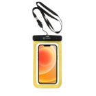 A smartphone encased in a transparent waterproof pouch with a black top and a detachable lanyard. The phones screen displays an orange and yellow abstract background.