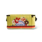 A yellow lunch bag with colorful cartoon food illustrations, including donuts and sandwiches, on the front. It features a zip closure and a striped band at the bottom.