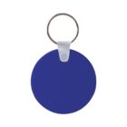 A round, blue key tag with a metal key ring attached at the top. The key tag is plain and simple, with a glossy finish.