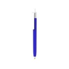 A blue pen with a retractable tip and a white clip is positioned upright against a plain white background. The pen has a sleek, modern design.
