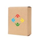 A plain brown cardboard box with a colorful abstract logo consisting of four interconnected circles in red, blue, yellow, and green, arranged within a diamond shape. The box is captured against a white background.