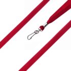 Close-up of a red lanyard with a metal hook clasp. The material appears to be made of woven fabric.