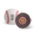 Two baseballs are shown. One is intact with red stitching and the words After Eden on it, featuring a leaf logo. The other is cut in half, revealing an inner composition of cork, yarn, and rubber layers.