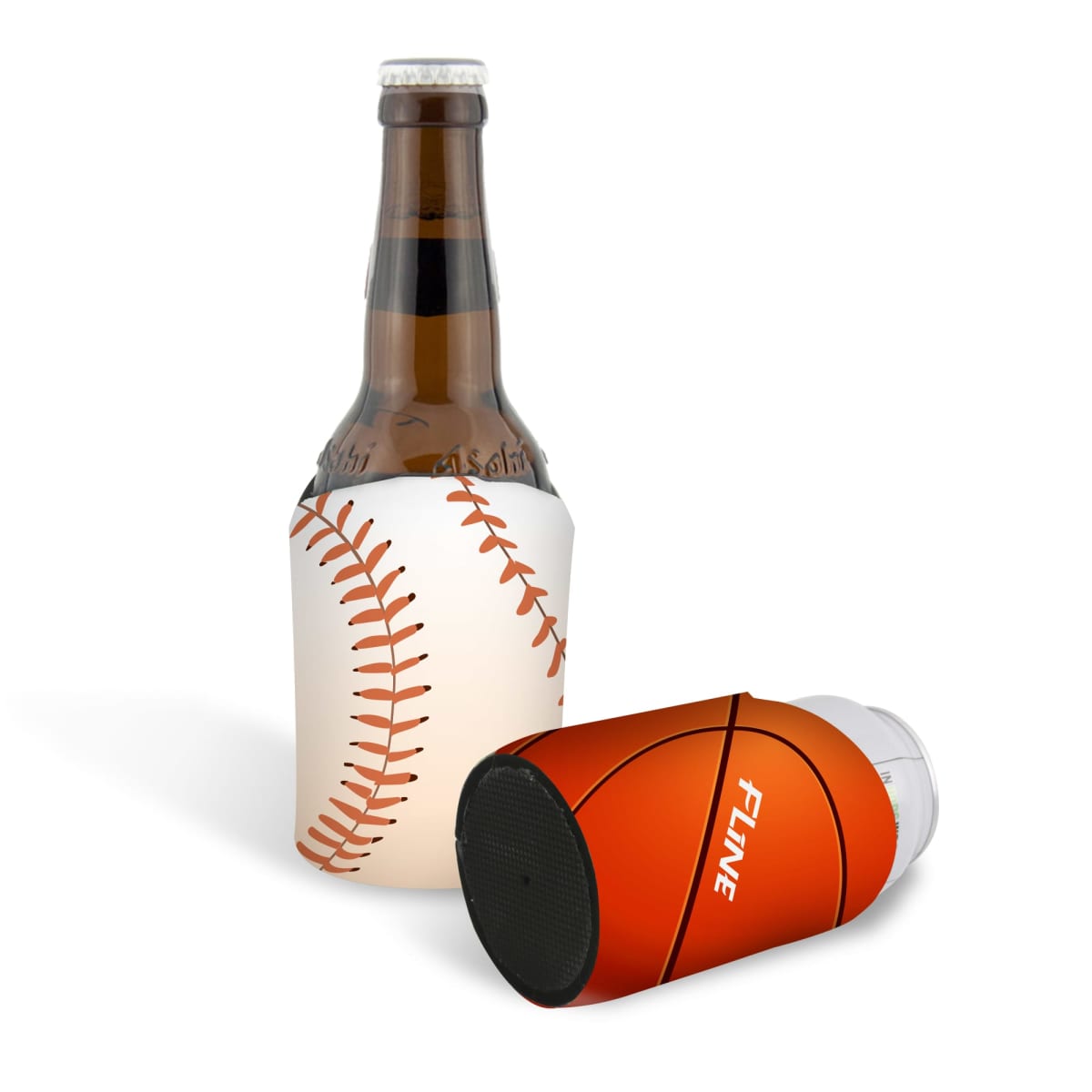 A brown beer bottle wrapped in a baseball-patterned sleeve is standing next to an orange Fline speaker shaped like a football.