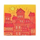 Illustration of whimsical red buildings with varied rooftops against a bright yellow sky. The sun is depicted as a swirl, adding a playful touch to the scene.